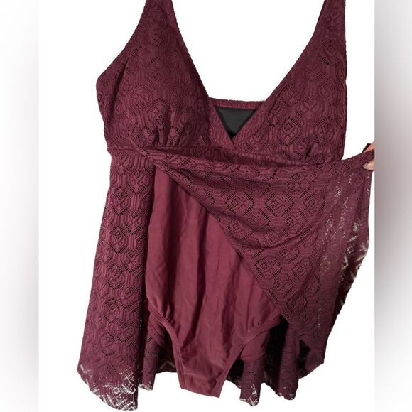 NWT Meet.Curve Burgundy One Piece Swimsuit with lace overlay cover up side slit - Picture 2 of 5